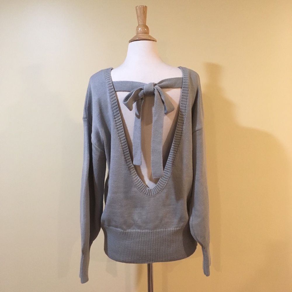Open Bow Tie Back Chunky Knit Slouchy Sweater Grey - Picture 6 of 8